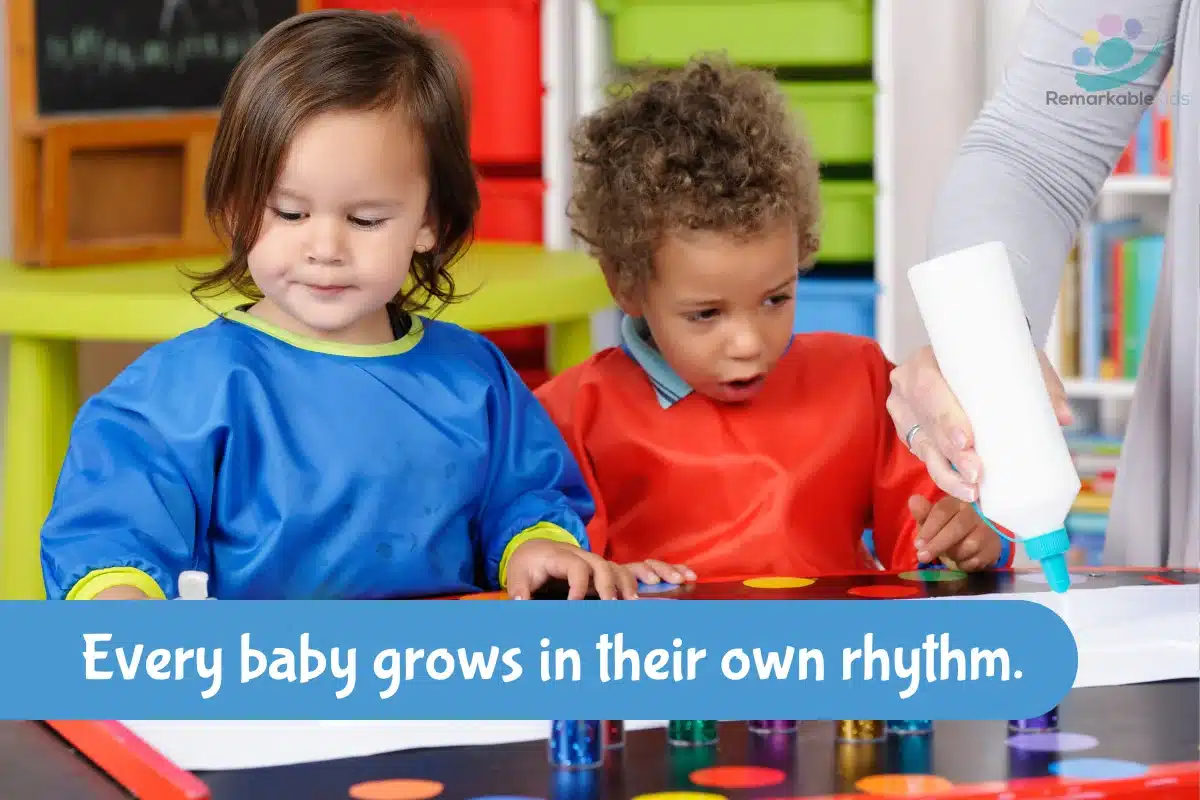 Children in smocks doing crafts and learning with colorful materials.