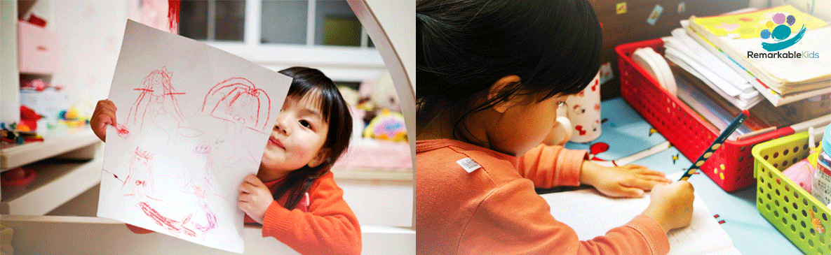 A split image showing a young child proudly holding up a crayon drawing on the left, and another child focused on coloring at a desk on the right.